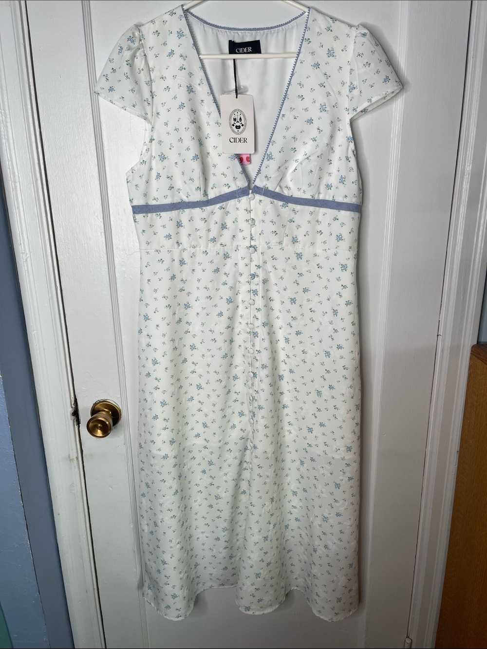 Cider Ditzy Floral Dress XL White Blue Deep V Neck New Pastel Feminine Sexy Long